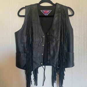 Leather fringe biker vest | size S